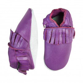 Papucei din piele cu talpă moale CeLaVi lila cu franjuri - ideali pentru primii pași