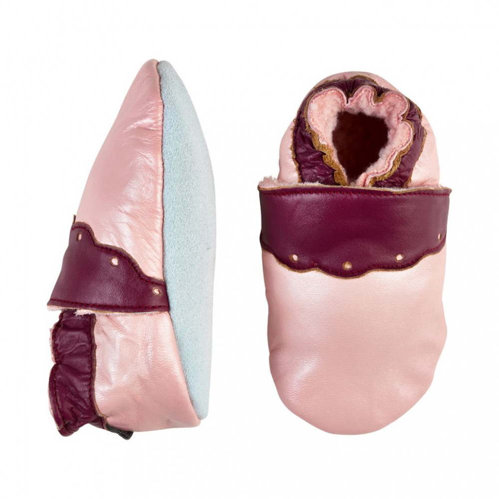 Papucei din piele cu talpă moale căptușiți CeLaVi Roz-Vin - ideali pentru primii pași