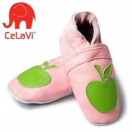 Papucei din piele cu talpă moale CeLaVi roz deschis cu măr verde- ideali pentru primii pași