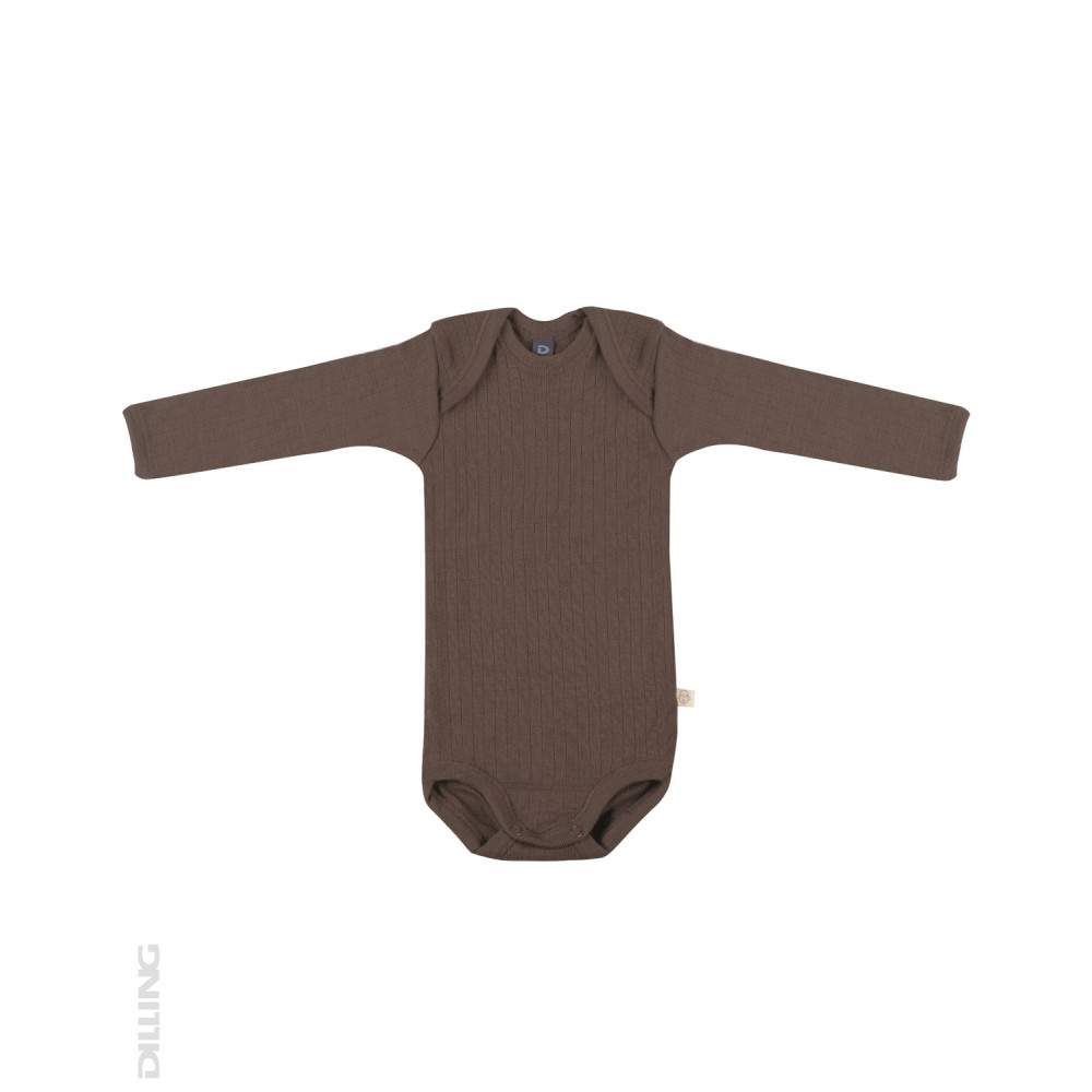 Body ciocolatiu striat cu mânecă lungă din lână Merinos organică Dilling Underwear pentru bebeluși 