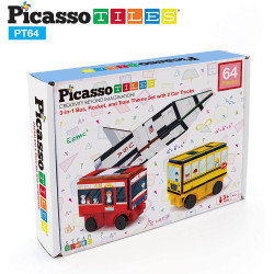 Set PicassoTiles 3-în-1 cu piese de construcție și autocolante magnetice (64 piese) - Rachetă, Tren și Autobuz școlar