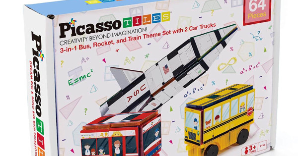 Set Picassotiles 3 In 1 Piese Constructie Autocolante Magnetice 64 Racheta Tren Autobuz Scolar