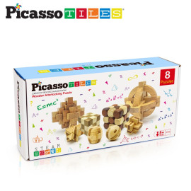 Set PicassoTiles 8 stiluri de Puzzle logic din lemn: cuburi Burr, minge, butoi, șarpe-cub
