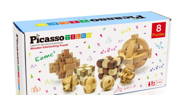 Set Picassotiles 8 Stiluri De Puzzle Logic Lemn Cuburi Burr Minge Butoi Sarpe Cub