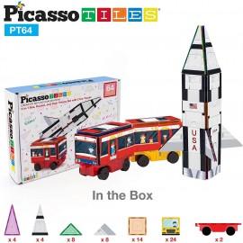 Set PicassoTiles 3-în-1 cu piese de construcție și autocolante magnetice (64 piese) - Rachetă, Tren și Autobuz școlar