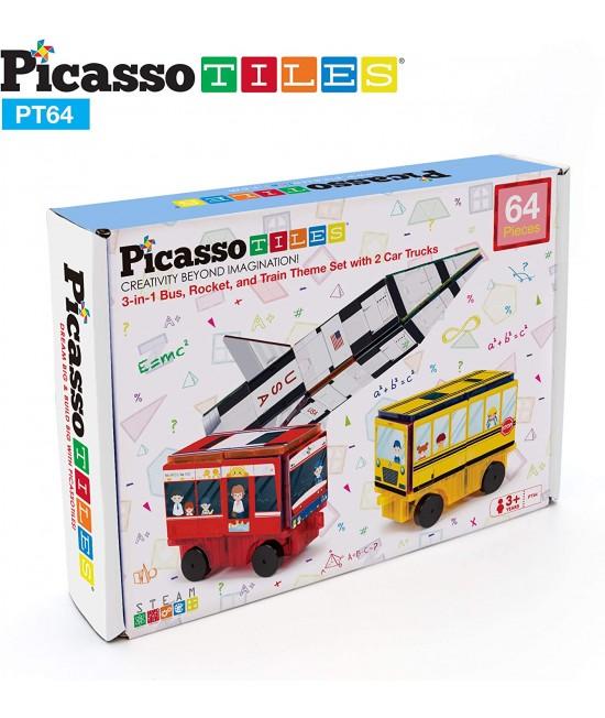 Set PicassoTiles 3-în-1 cu piese de construcție și autocolante magnetice (64 piese) - Rachetă, Tren și Autobuz școlar