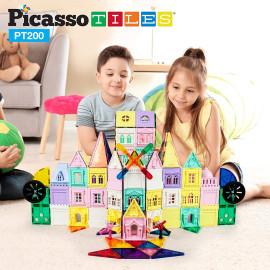 Set PicassoTiles Castel 200 piese de construcție (magnetice și accesorii clip-on)