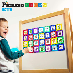 Set PicassoTiles 56 piese de construcție (magnetice și accesorii clip-on educative)