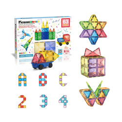 Set PicassoTiles 63 piese magnetice de construcție cu efect de diamant, cu mașinuță