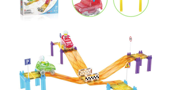 Set Picassotiles Pista Curse Inclinata 45 Piese Magnetice Constructie 2 Masini Figurine