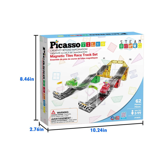 Set PicassoTiles Pistă de curse înclinată - 62 piese magnetice de construcție - conține 2 mașini cu figurine