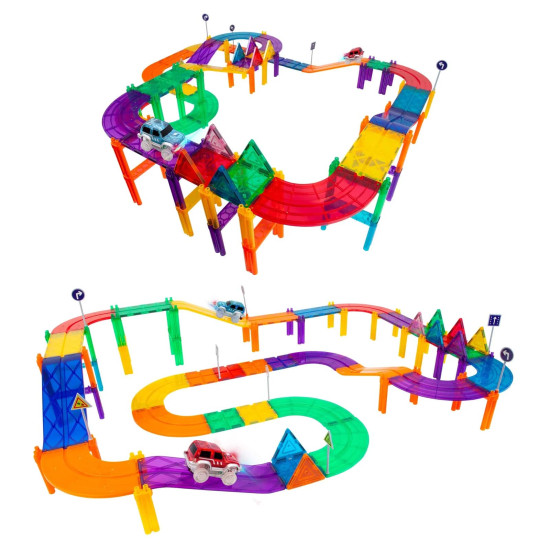 Set PicassoTiles Pistă de curse - 81 piese magnetice de construcție - conține 2 mașini cu LED-uri Set PicassoTiles Pistă de curse - 81 piese magnetice de construcție - conține 2 mașini cu LED-uri
