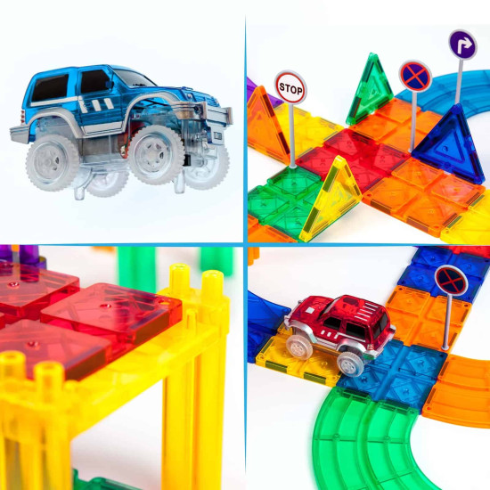 Set PicassoTiles Pistă de curse - 81 piese magnetice de construcție - conține 2 mașini cu LED-uri