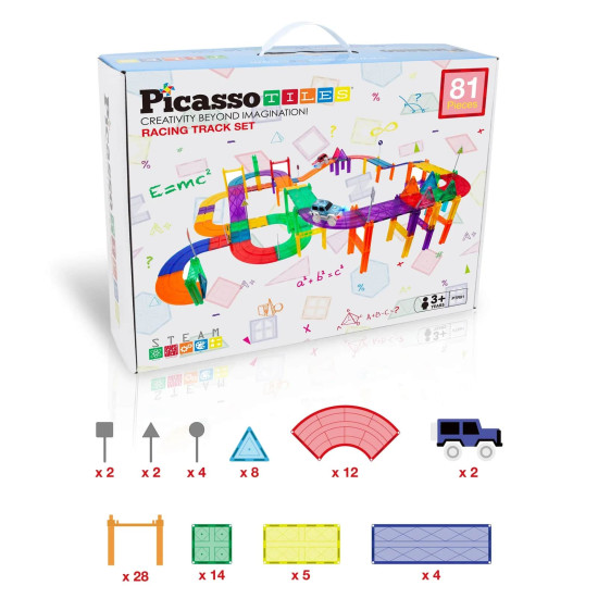Set PicassoTiles Pistă de curse - 81 piese magnetice de construcție - conține 2 mașini cu LED-uri Set PicassoTiles Pistă de curse - 81 piese magnetice de construcție - conține 2 mașini cu LED-uri