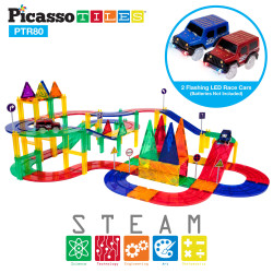 Set PicassoTiles Pistă de curse - 80 piese magnetice de construcție colorate - conține 2 mașini cu LED-uri