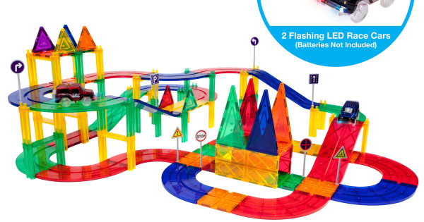 Set Picassotiles Pista De Curse 80 Piese Magnetice Constructie Colorate 2 Masini Led Uri
