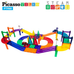 Set PicassoTiles Pistă de curse - 80 piese magnetice de construcție colorate - conține 2 mașini cu LED-uri Set PicassoTiles Pistă de curse - 80 piese magnetice de construcție colorate - conține 2 mașini cu LED-uri