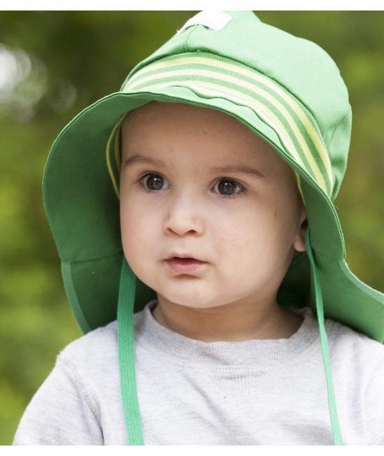 Pălărie de soare cu boruri mari Pickapooh ”Pompier” cu protecție UV UPF80 din bumbac organic verde pentru copii 