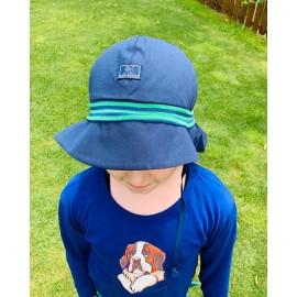 Pălărie de soare cu boruri mari Pickapooh ”Pompier” cu protecție UV UPF80 din bumbac organic bleumarin pentru copii