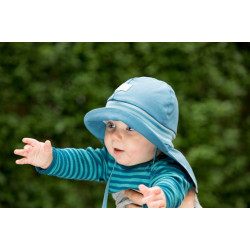 Pălărie de soare cu boruri mari Pickapooh ”Pompier” cu protecție UV UPF60 din bumbac organic bleu pentru copii Pălărie de soare cu boruri mari Pickapooh ”Pompier” cu protecție UV UPF60 din bumbac organic bleu pentru copii