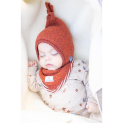 Fular-eșarfă triunghiulară din polar de lână Merino organică Pickapooh Red Wood, cu margini din lână și mătase