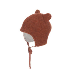 Căciuliță din polar de lână Merino organică Pickapooh Bea Red Wood, căptușită cu bumbac organic, model ursuleț cu urechiușe
