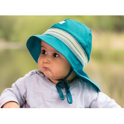 Pălărie de soare cu boruri mari Pickapooh ”Pompier” cu protecție UV UPF80 din bumbac organic albastru pentru copii Pălărie de soare cu boruri mari Pickapooh ”Pompier” cu protecție UV UPF80 din bumbac organic albastru pentru copii