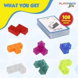 Cub puzzle inteligent Playmags cu cartonașe de provocări - jucărie educativă magnetică Brainy MagnaCube