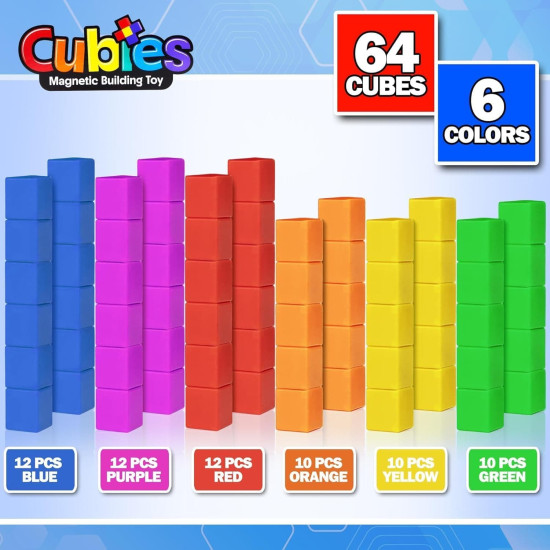 Set Playmags Cubies - 64 blocuri magnetice de construcție de 3,8 cm