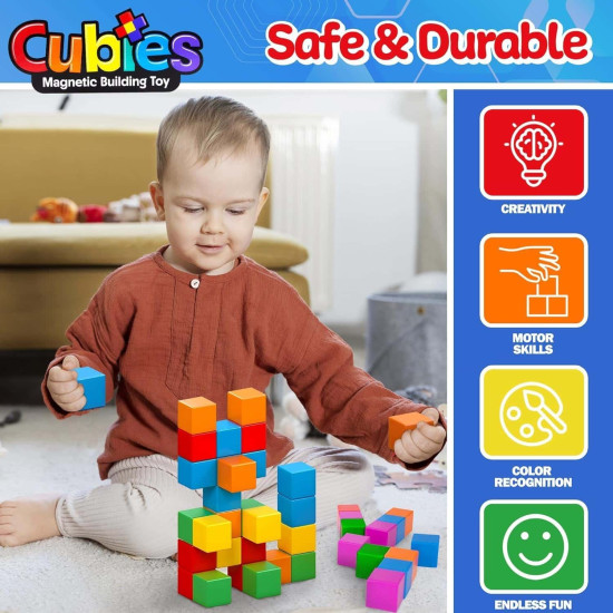 Set Playmags Cubies - 64 blocuri magnetice de construcție de 3,8 cm