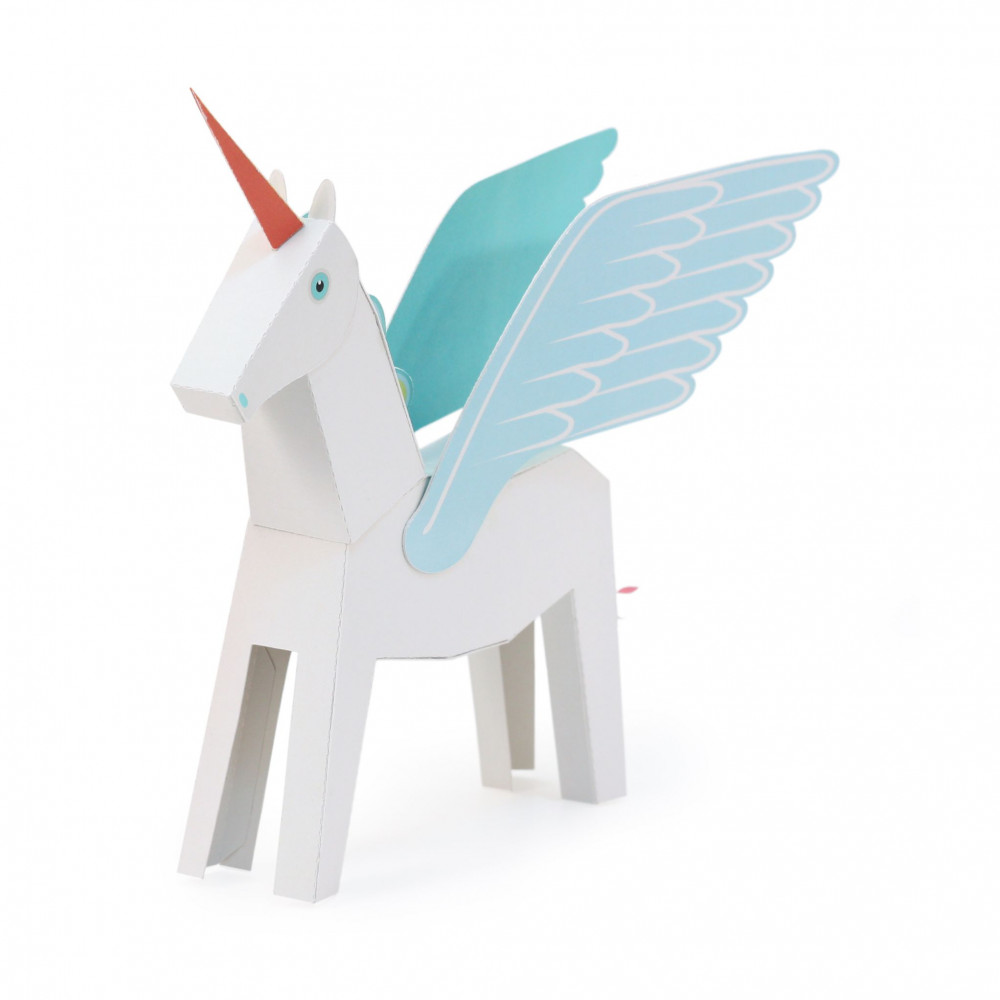 Pegacorn alb cu bleu (unicorn înaripat), Kit craft de construit un animal de jucărie PUKACA din hârtie, prin decupare, pliere, lipire