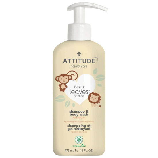 2 în 1 Șampon și gel de duș ECO pentru copii și bebeluși - Attitude cu nectar de pere - 473 ml - seria Baby Leaves