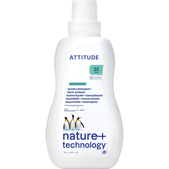 2 în 1 Detergent lichid și balsam ecologic de rufe dublu concentrat Attitude cu aromă montană - 1 litru 2 în 1 Detergent lichid și balsam ecologic de rufe dublu concentrat Attitude cu aromă montană - 1 litru