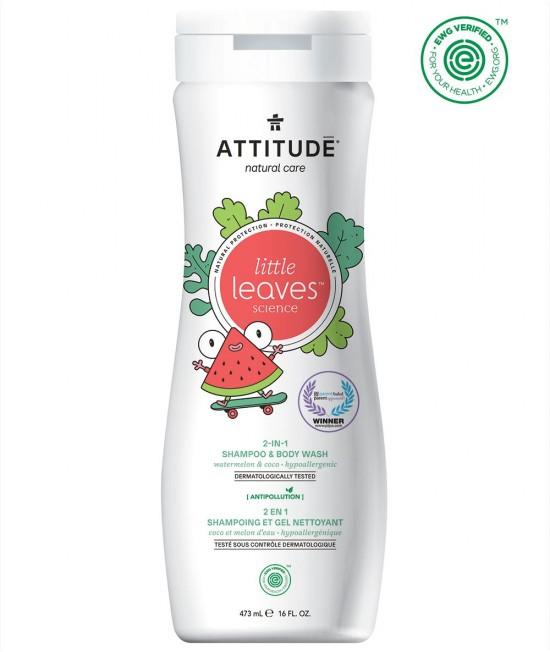2 în 1 Șampon și gel de duș ECO pentru copii și bebeluși - Attitude cu pepene și cocos - 473 ml - seria Little Leaves
