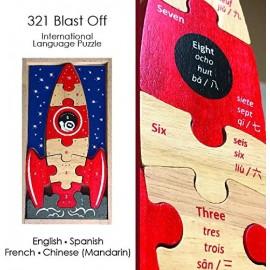 Puzzle ECO Rachetă Begin Again Toys din lemn cu numere în mai multe limbi - 3 2 1 Lansare