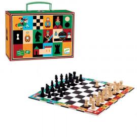 Șah și dame, joc Djeco cu piese din lemn, în gentuță, pentru copii