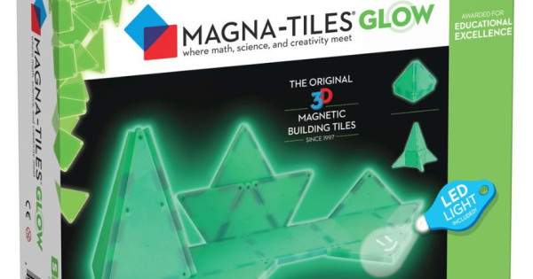 Set Magna Tiles Glow 16 Piese Magnetice Fosforescente Mini Lanterna Led