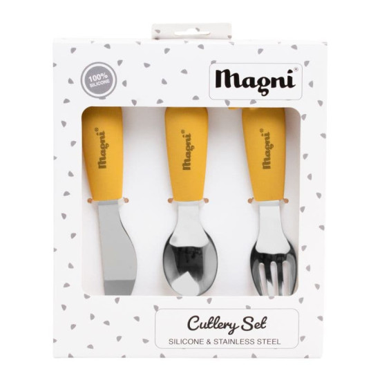 Set de tacâmuri pentru copii, 3 piese, Magni Honey Yellow din inox și silicon