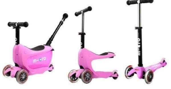 Trotineta Mini Micro 2 Go Deluxe Plus Pink 3 Roti Sezut Bara Impins Copii Roz
