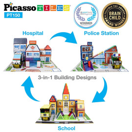 Set PicassoTiles 3-în-1 cu 150 de piese (magnetice și autocolante) - Școală/Spital/Stație de Poliție