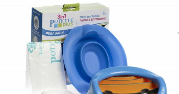 Pachet Potette Plus Albastru Olita Portabila Liner Silicon 10 Pungi Biodegradabile Unica Folosinta