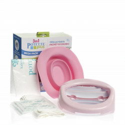 Pachet economic Potette Plus roz cu alb: Olița portabilă Potette + liner din silicon reutilizabil + 10 pungi biodegradabile de unică folosință