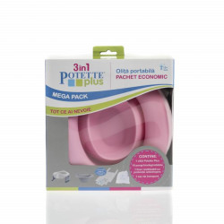 Pachet economic Potette Plus roz cu alb: Olița portabilă Potette + liner din silicon reutilizabil + 10 pungi biodegradabile de unică folosință Pachet economic Potette Plus roz cu alb: Olița portabilă Potette + liner din silicon reutilizabil + 10 pungi biodegradabile de unică folosință