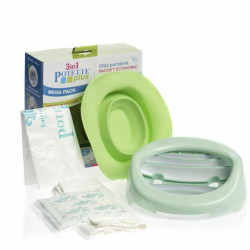 Pachet economic Potette Plus vernil: Olița portabilă Potette + liner din silicon reutilizabil + 10 pungi biodegradabile de unică folosință