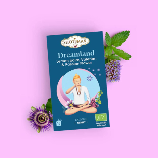 Ceai organic ayurvedic Shoti Maa Balance Your Day - Dreamland - Night - roiniță, valeriană și passiflora BIO - 16 dz x 2g Ceai organic ayurvedic Shoti Maa Balance Your Day - Dreamland - Night - roiniță, valeriană și passiflora BIO - 16 dz x 2g