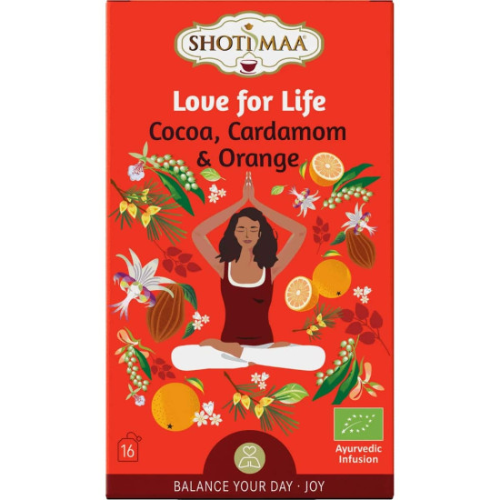 Ceai organic ayurvedic Shoti Maa Balance Your Day - Love for life - Joy - cacao, cardamom și portocală BIO - 16 dz x 2g Ceai organic ayurvedic Shoti Maa Balance Your Day - Love for life - Joy - cacao, cardamom și portocală BIO - 16 dz x 2g