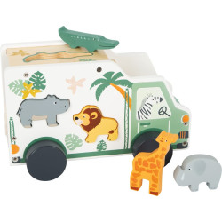 Mașină small foot Safari din lemn cu forme de animale de sortat