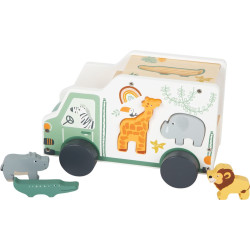 Mașină small foot Safari din lemn cu forme de animale de sortat