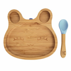 Farfurie compartimentată și linguriță Summerville Rabbit din bambus și silicon bleu, cu ventuză anti-alunecare, pentru bebeluși