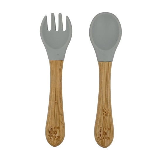 Tacâmuri (linguriță și furculiță) Summerville Silver Grey din bambus și silicon, pentru bebeluși
